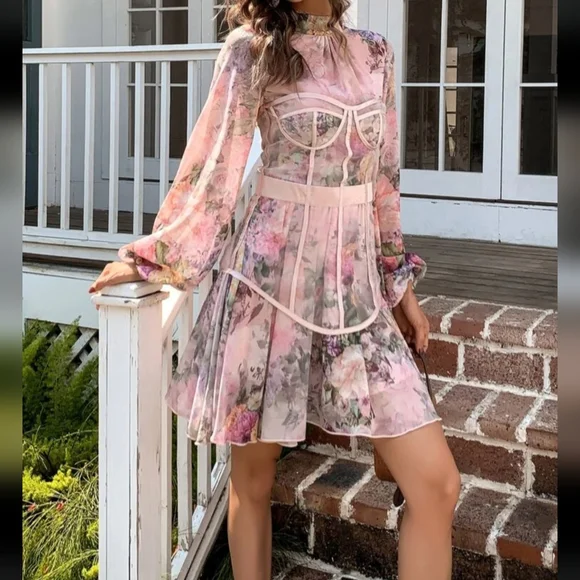 Shein Dresses | Lovely Shein Missord Lantern Sleeve Mesh Panel Floral Dress US Small | Color: Green/Pink | Size: S | Ladymissb's Closet
